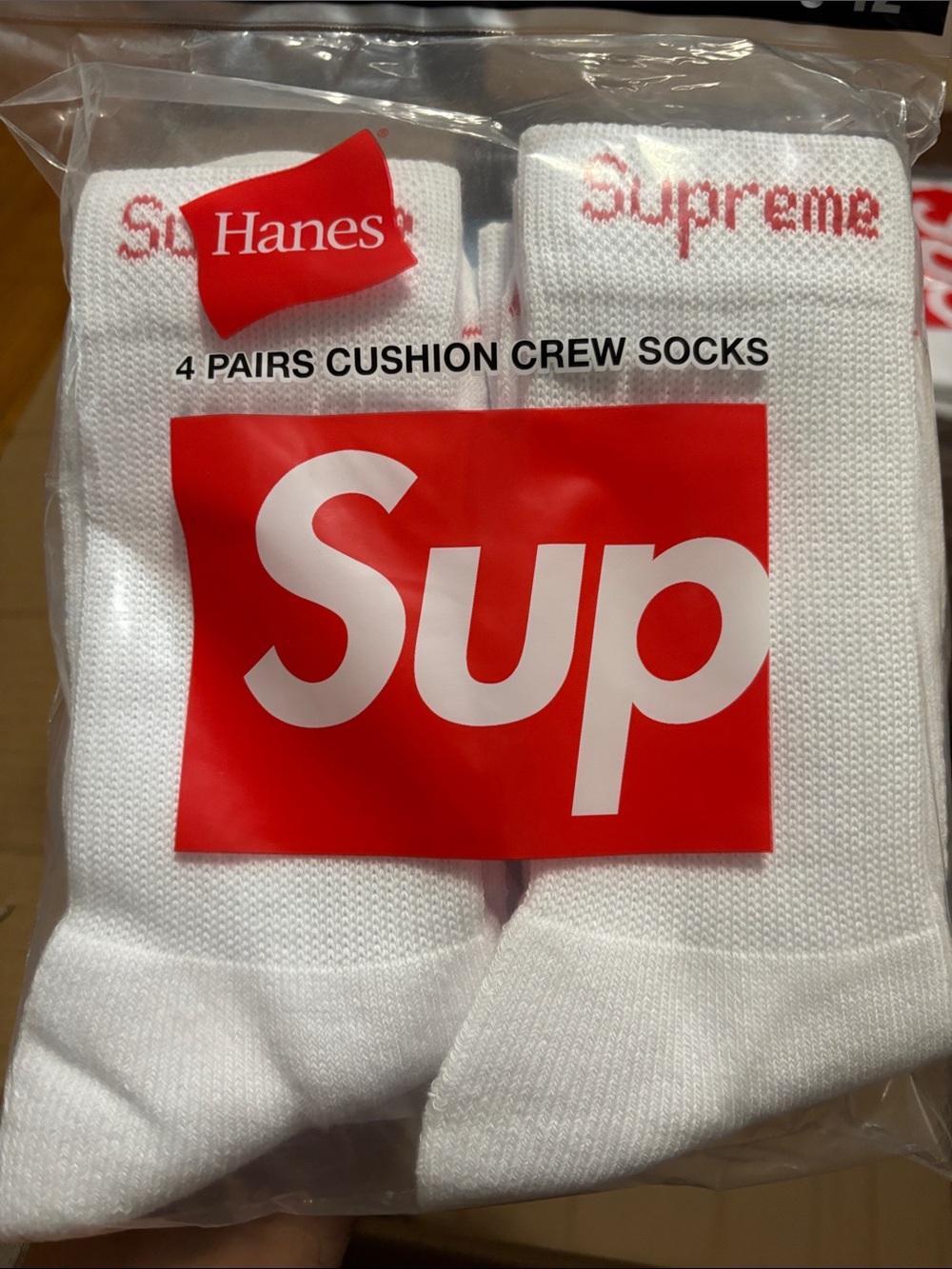 Supreme White Crew Socks with Red Logo - 4 Pairs hundred percent authentic